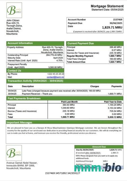 Mauretania Banque Al Wava Mauritanienne Islamique wyciąg z kredytu hipotecznego szablon Word i PDF
